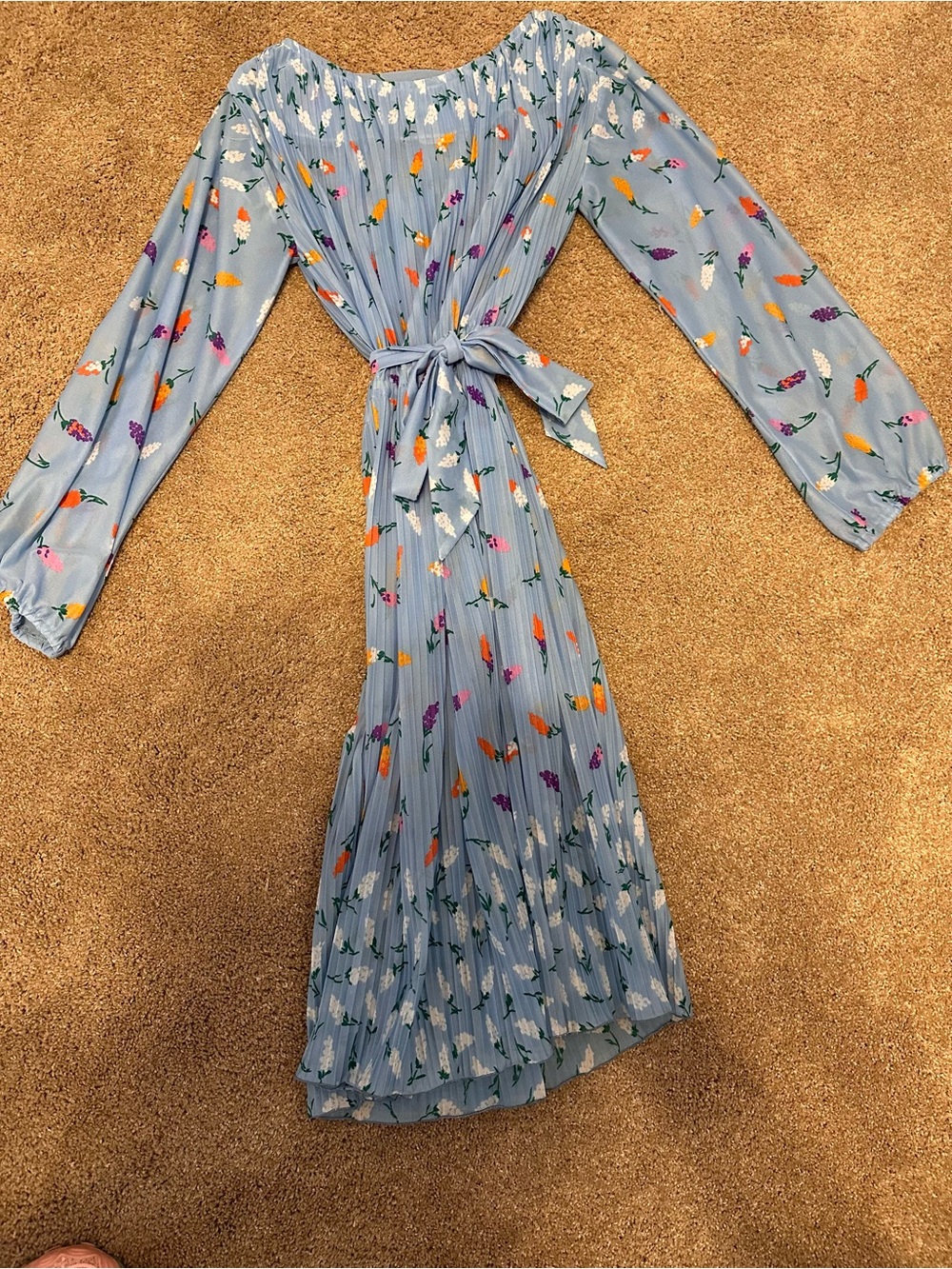 Women's Light Blue Floral Long-Sleeve Soft Pleated Midi Dress with Waist Tie M/L